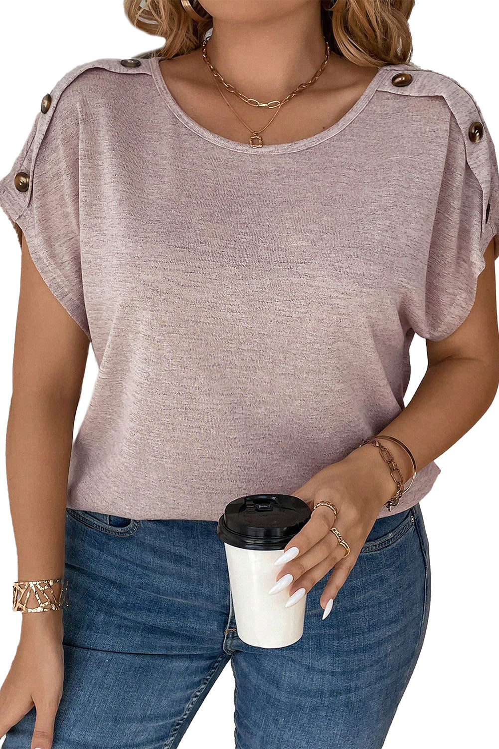 Delicacy Plus Size Button Detail Batwing Sleeve Tee